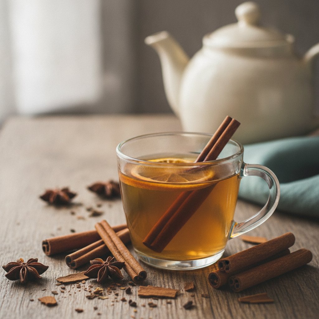Chá de canela servido em xícara de vidro com paus de canela ao lado