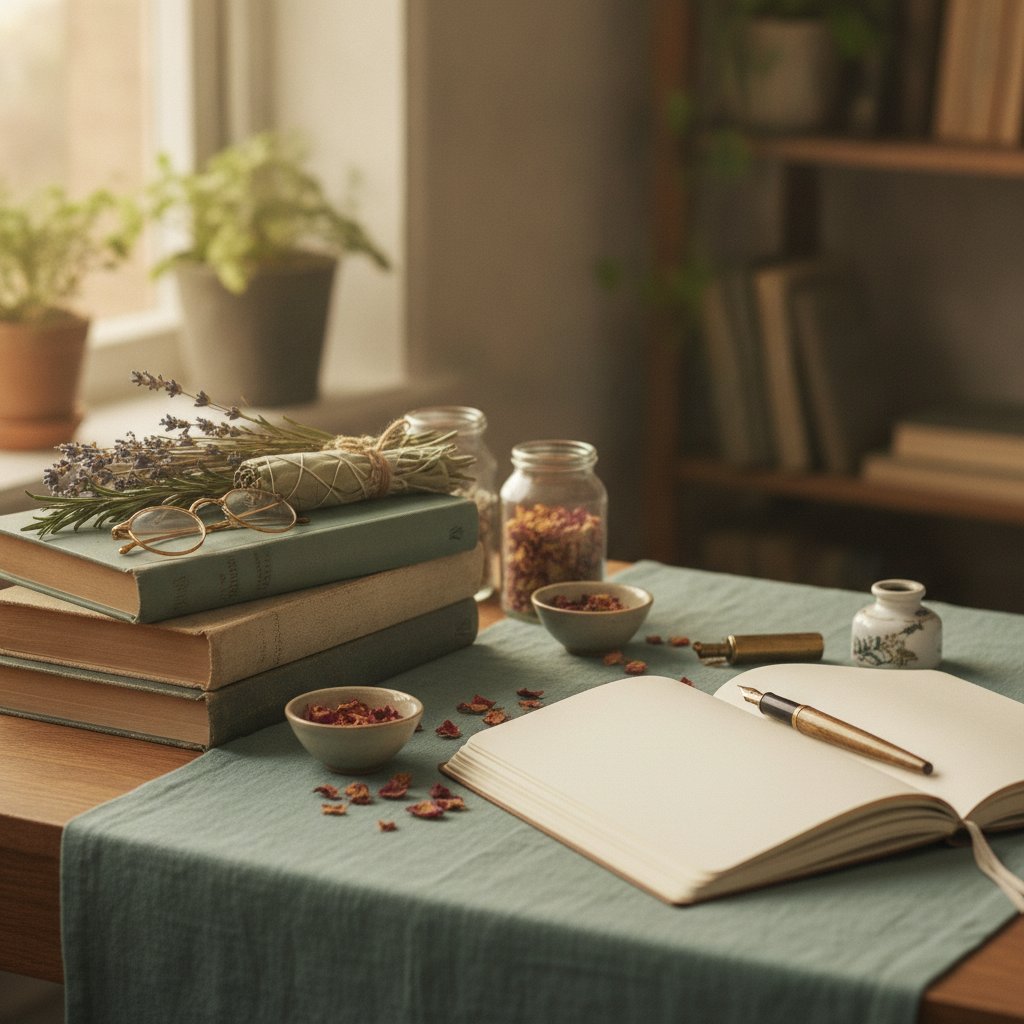 Livros de fitoterapia e ervas secas sobre mesa de estudos com foco em chá de canela