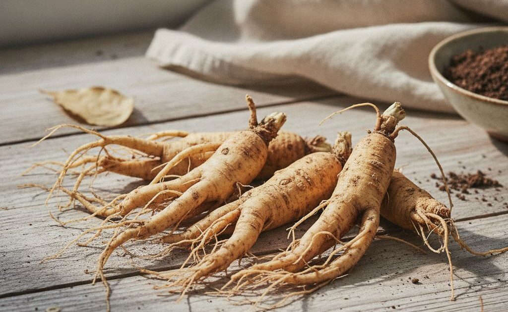 Raízes frescas de Panax ginseng sobre superfície de madeira com foco em ginseng benefícios
