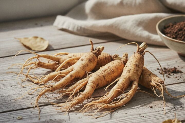 Raízes frescas de Panax ginseng sobre superfície de madeira com foco em ginseng benefícios