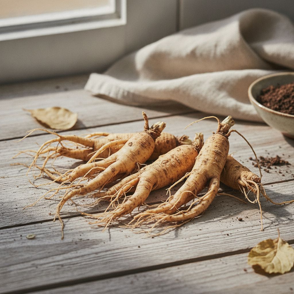 Raízes frescas de Panax ginseng sobre superfície de madeira com foco em ginseng benefícios