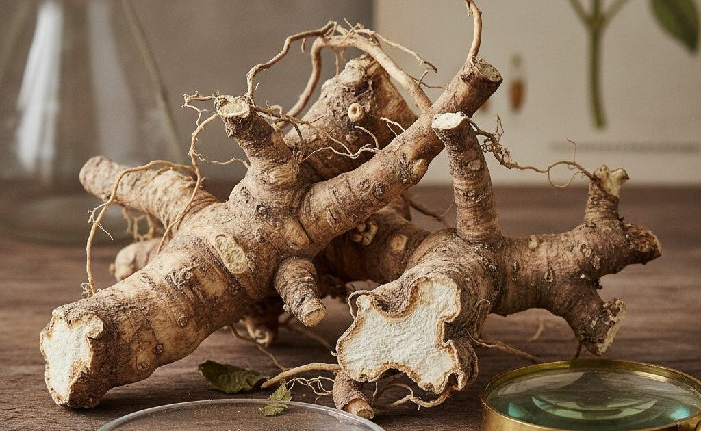 Raiz de valeriana (Valeriana officinalis) sobre superfície natural