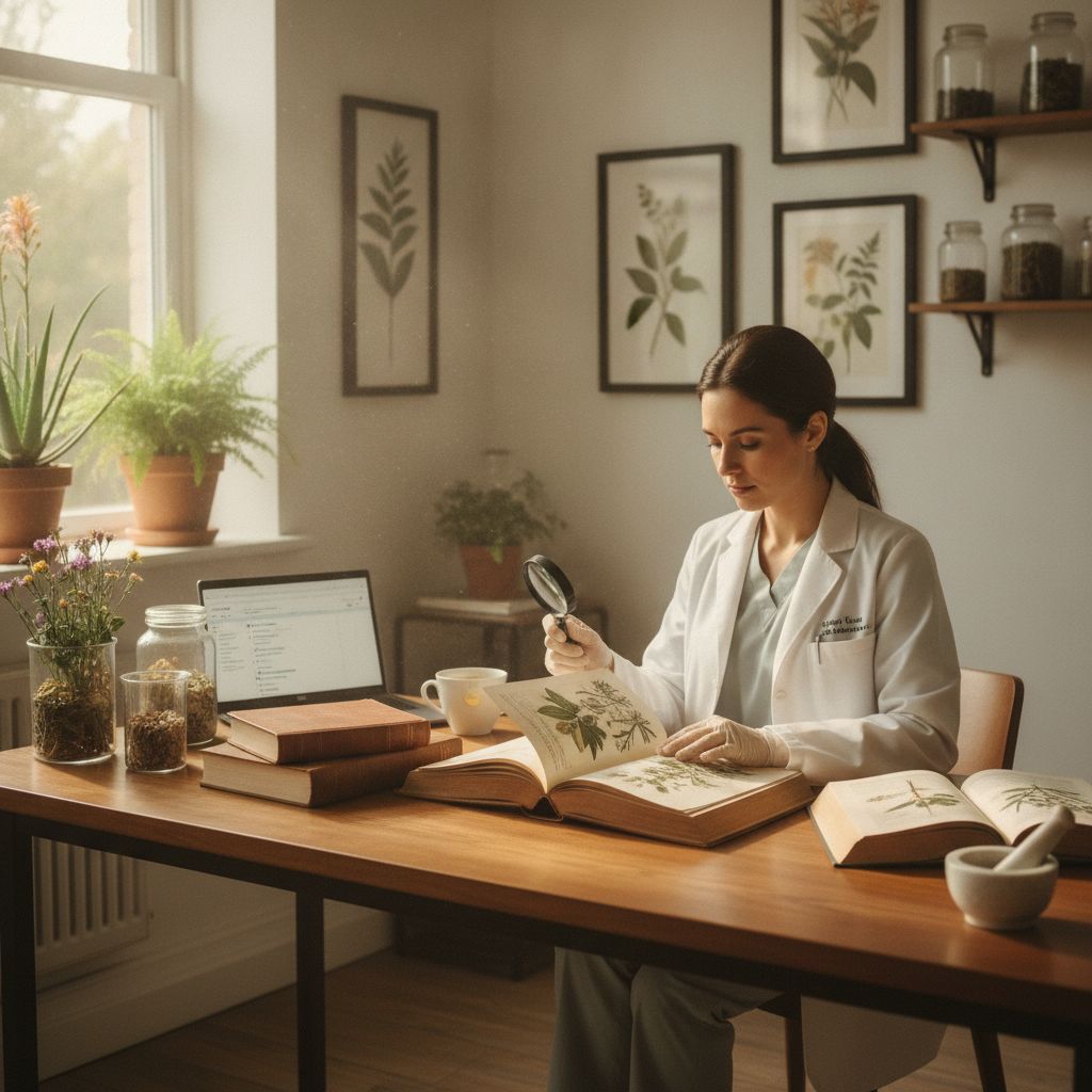 Profissional consultando referências técnicas em fitoterapia com foco em valeriana